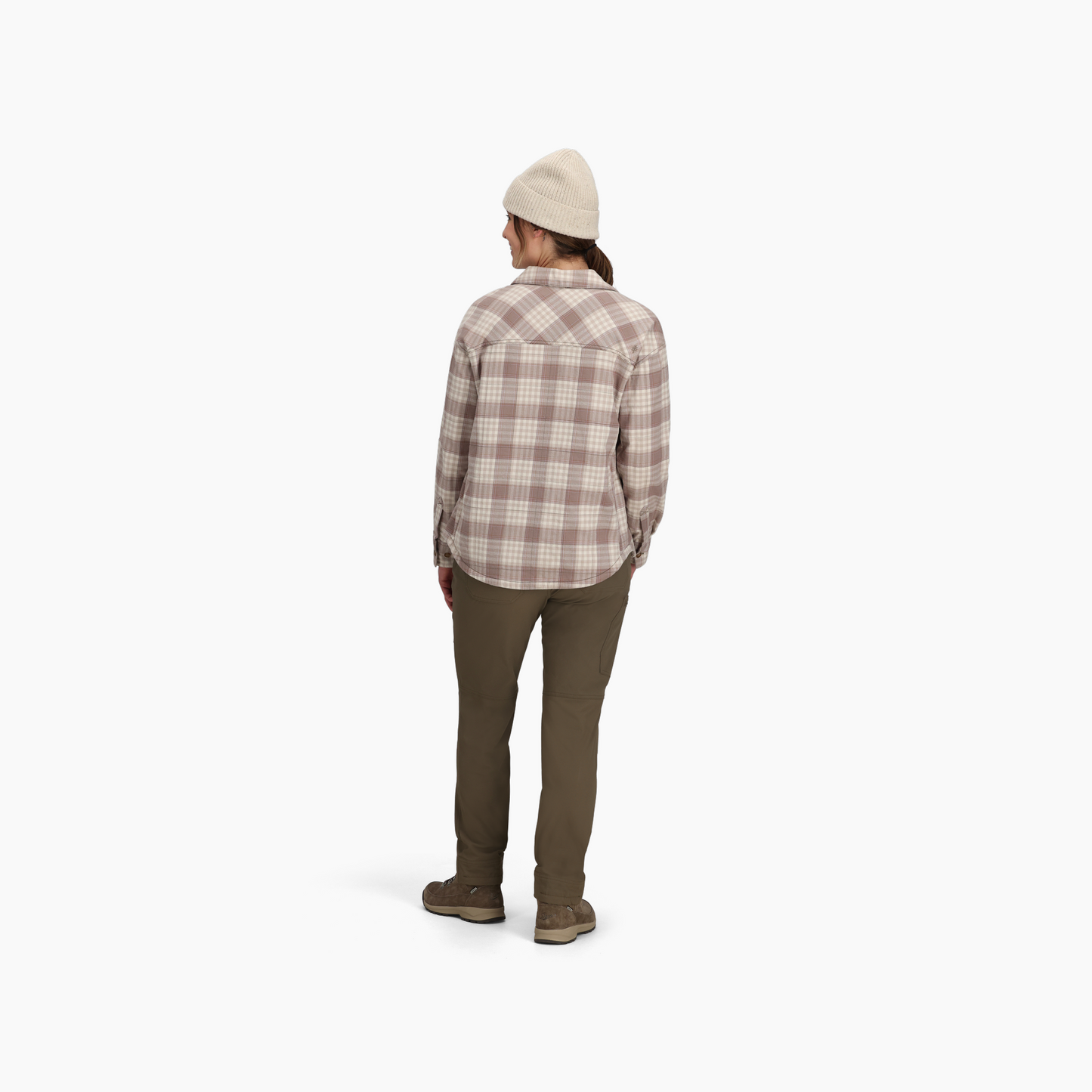 Person wearing Royal Robbins Women’s Vista Flannel Shacket and olive pants, with back to camera.