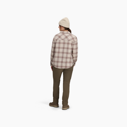 Person wearing Royal Robbins Women’s Vista Flannel Shacket and olive pants, with back to camera.