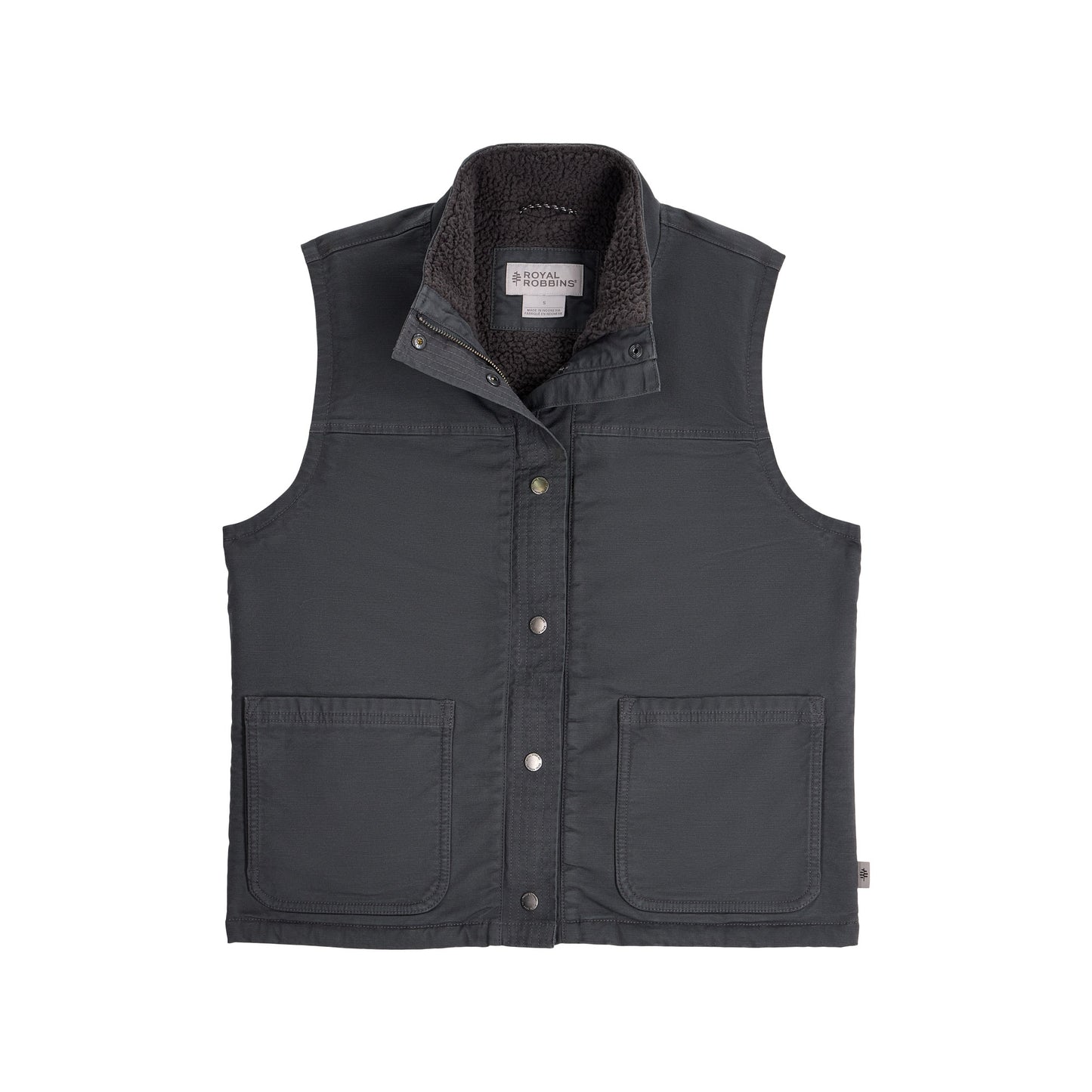 Royal Robbins Women’s El Cap Canvas Vest: dark gray, sherpa-lined, snap buttons, 2 pockets—a cozy layer.