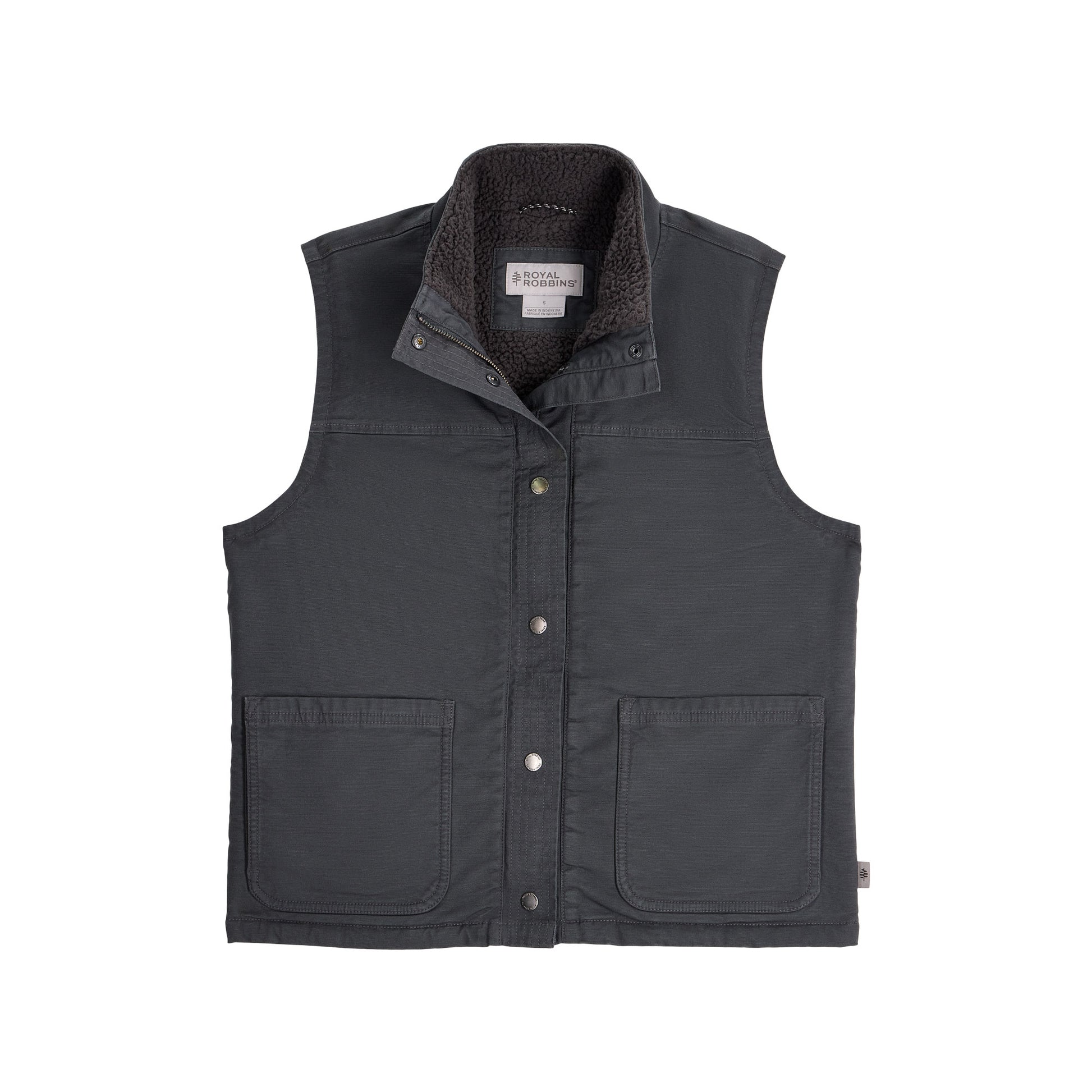 Royal Robbins Women’s El Cap Canvas Vest: dark gray, sherpa-lined, snap buttons, 2 pockets—a cozy layer.
