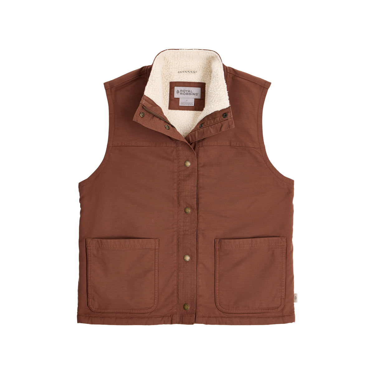 Royal Robbins Women’s El Cap Canvas Vest, sleeveless with pockets, buttons, and cozy sherpa lining.