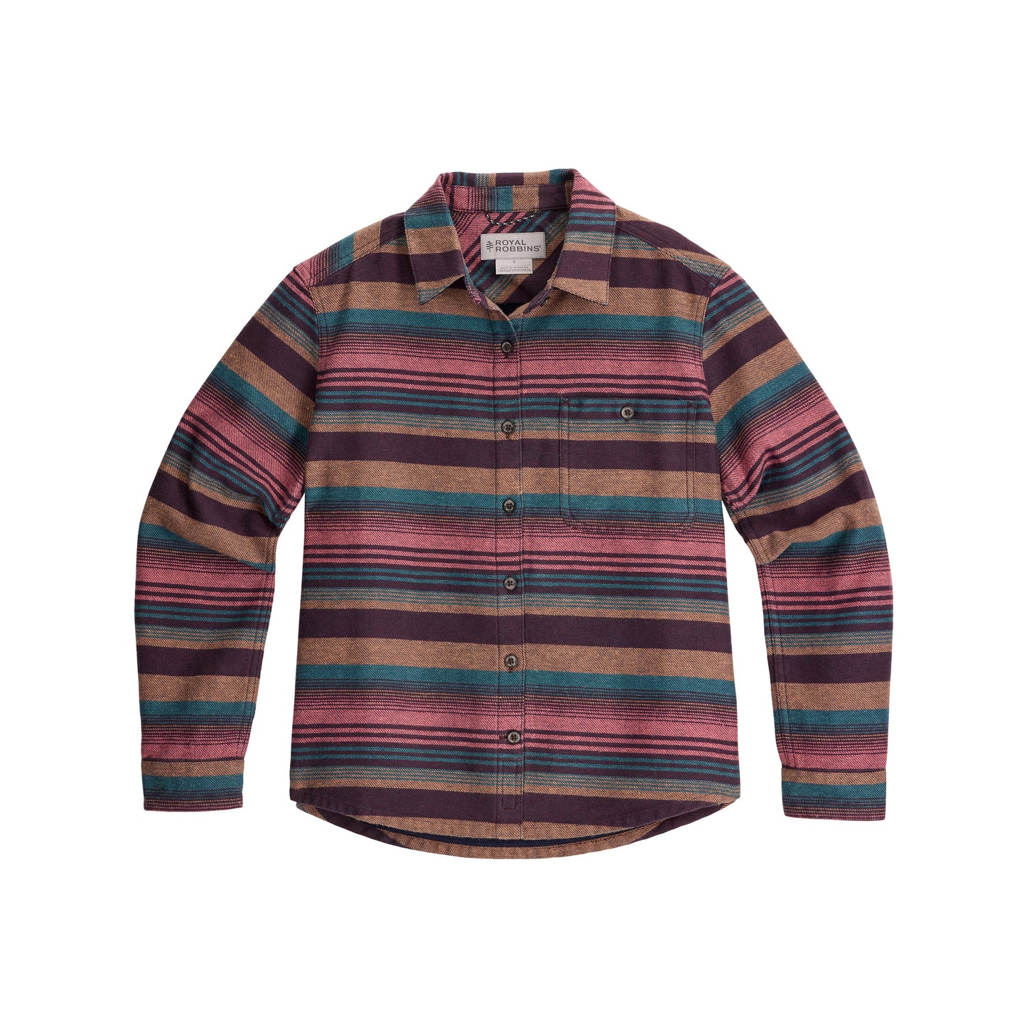 Royal Robbins Women’s Clouds Rest Hemp Long Sleeve with multicolored stripes on white background.