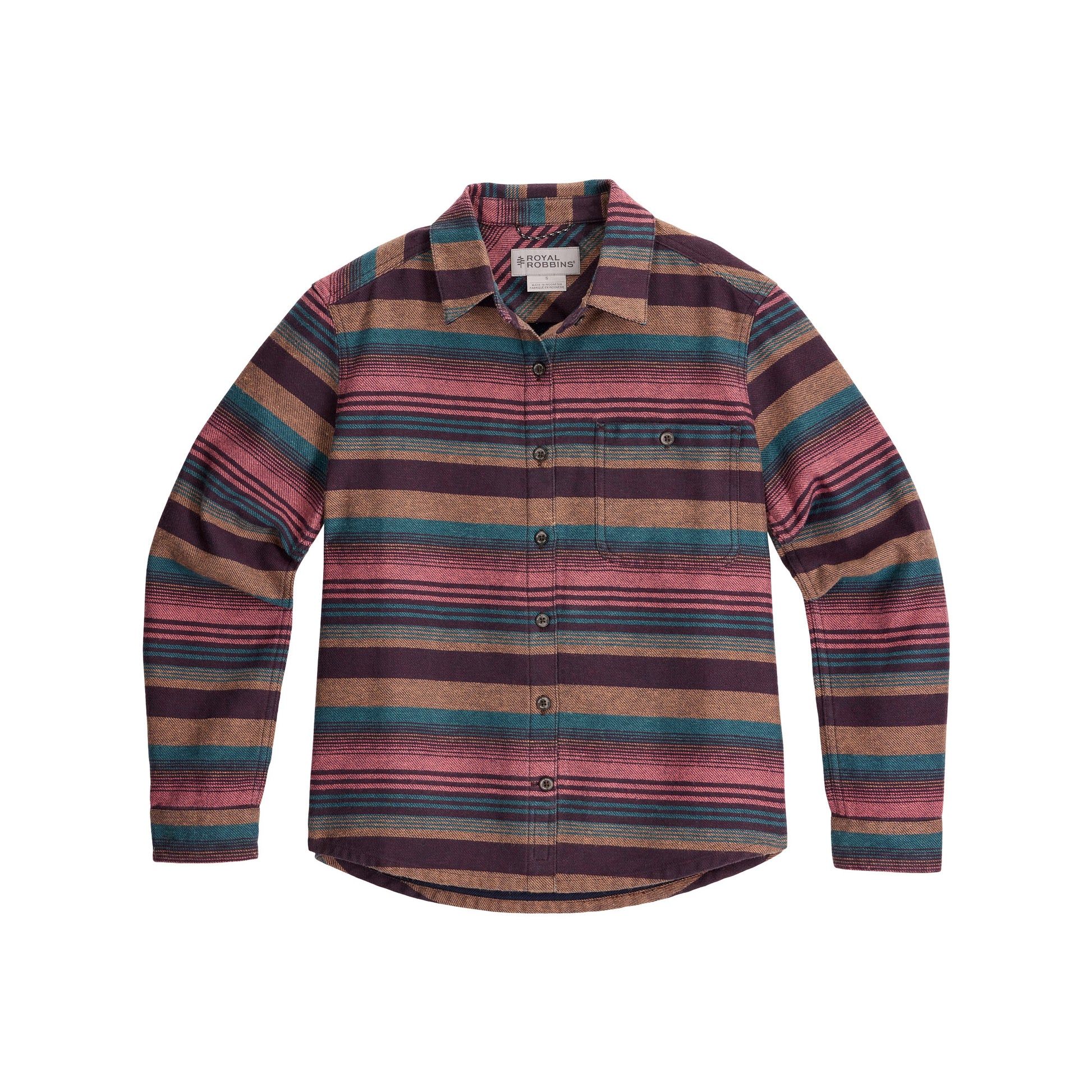 Royal Robbins Women’s Clouds Rest Hemp Long Sleeve with multicolored stripes on white background.