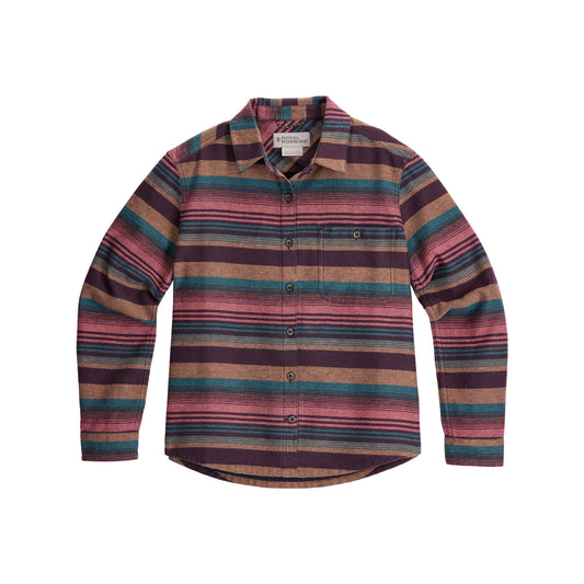 Product Image – Royal Robbins Women’s Clouds Rest Hemp Long Sleeve with multicolored stripes on white background.