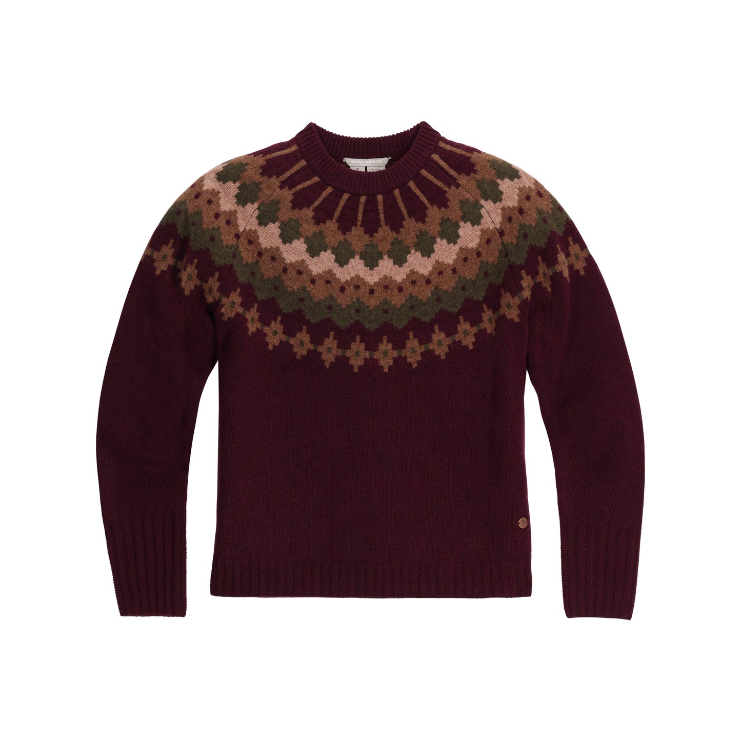 Royal Robbins Women’s Rockcraft Wool Crew: Burgundy, multicolor yoke sweater for cool day thermoregulation.