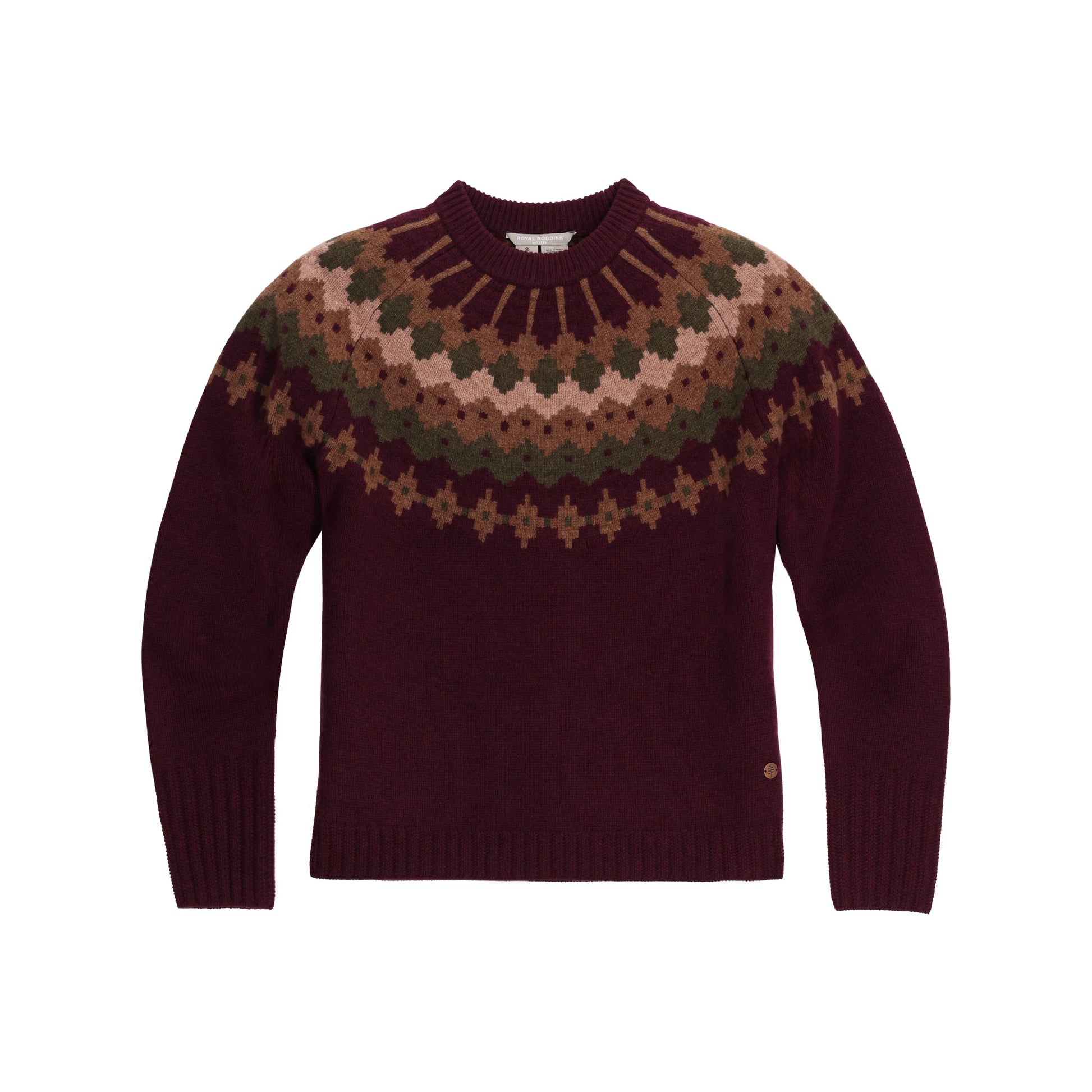 Royal Robbins Women’s Rockcraft Wool Crew: Burgundy, multicolor yoke sweater for cool day thermoregulation.