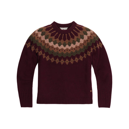 Royal Robbins Women’s Rockcraft Wool Crew: Burgundy, multicolor yoke sweater for cool day thermoregulation.