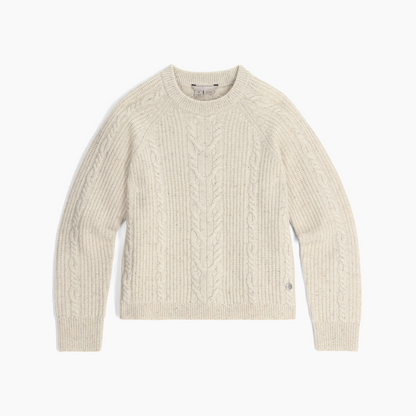 Royal Robbins Women's Rockcraft Cable Crew sweater in ivory, shown laid flat on a white background.