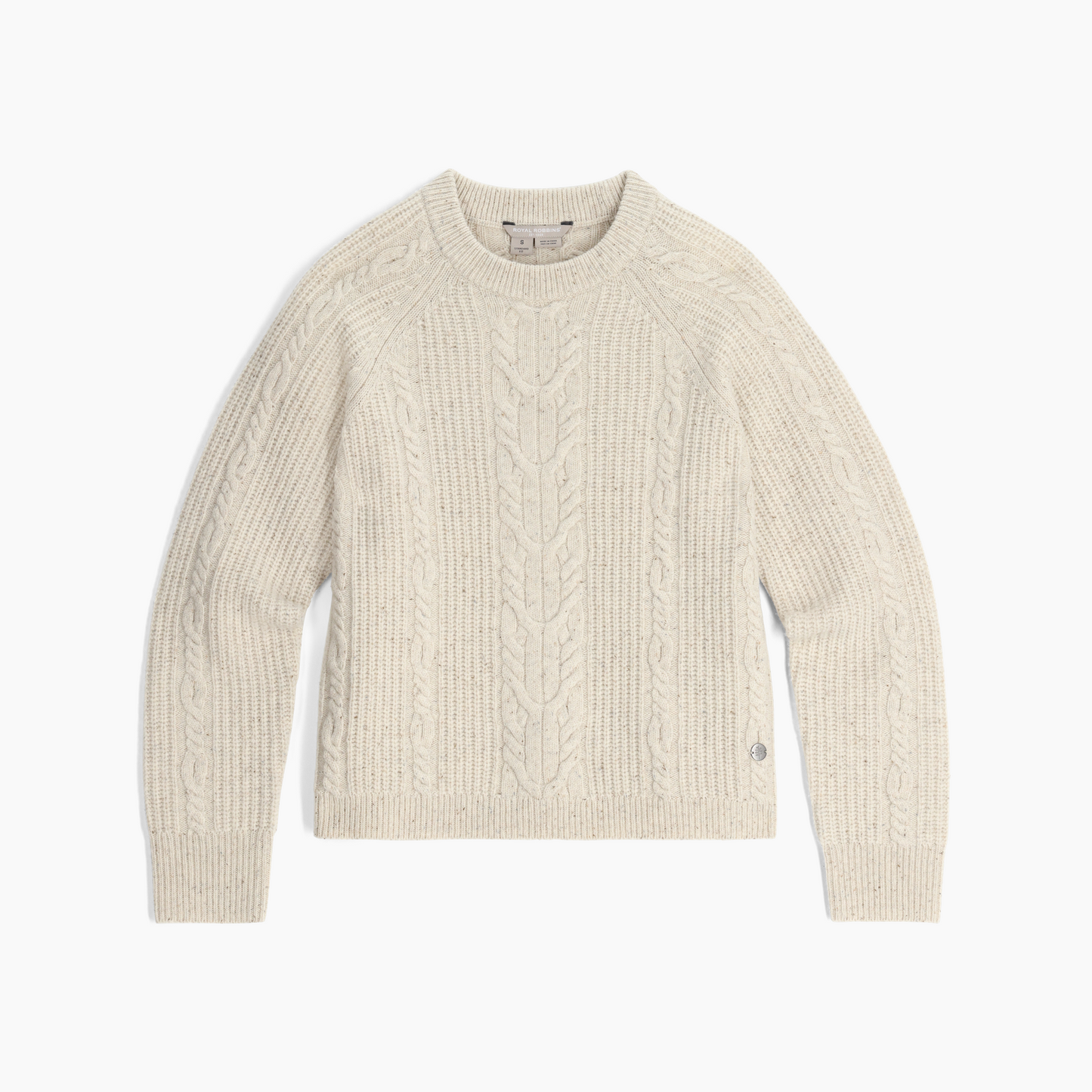 Royal Robbins Women's Rockcraft Cable Crew sweater in ivory, shown laid flat on a white background.