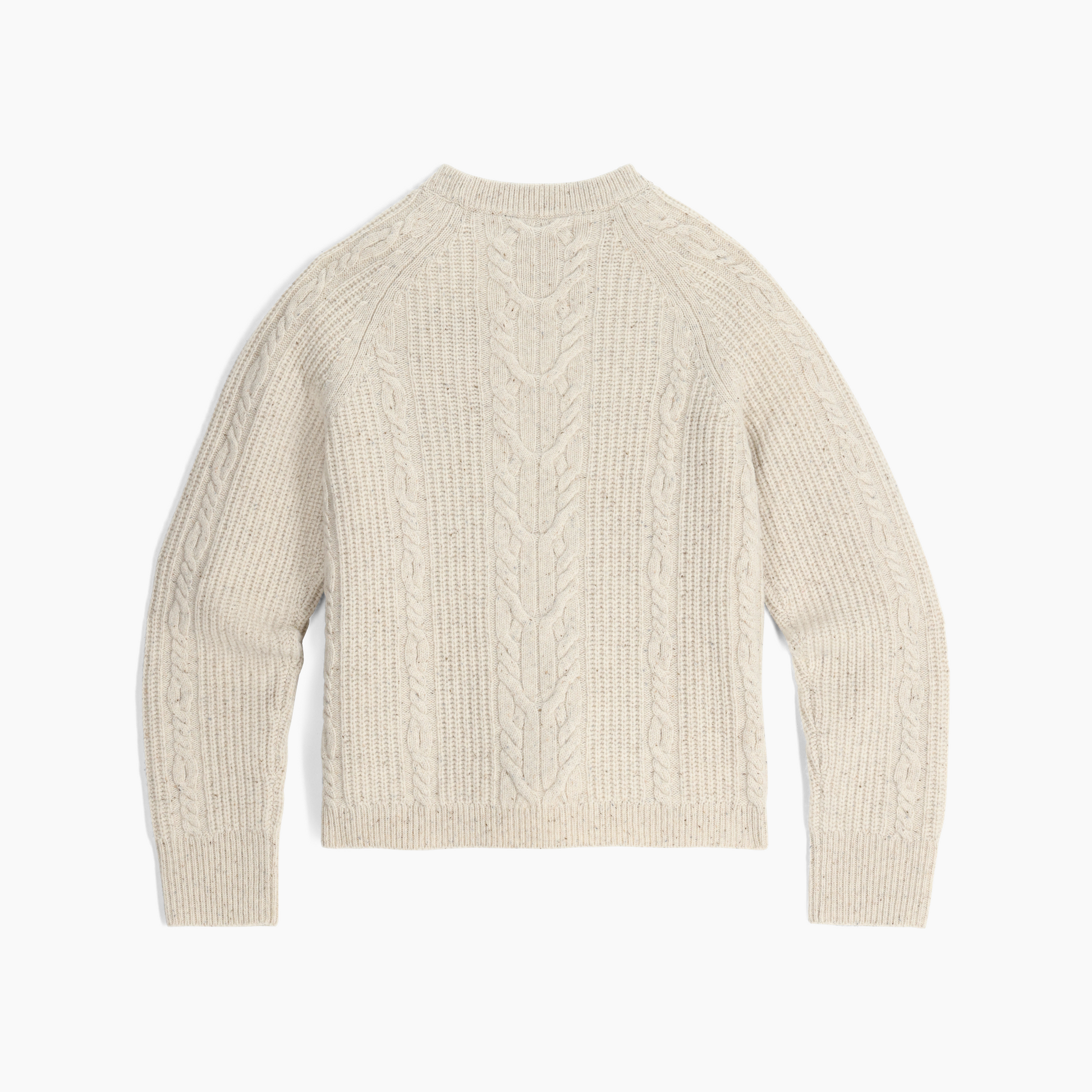 Back view of the Royal Robbins Women's Rockcraft Cable Crew sweater in cream, featuring ribbed cuffs.