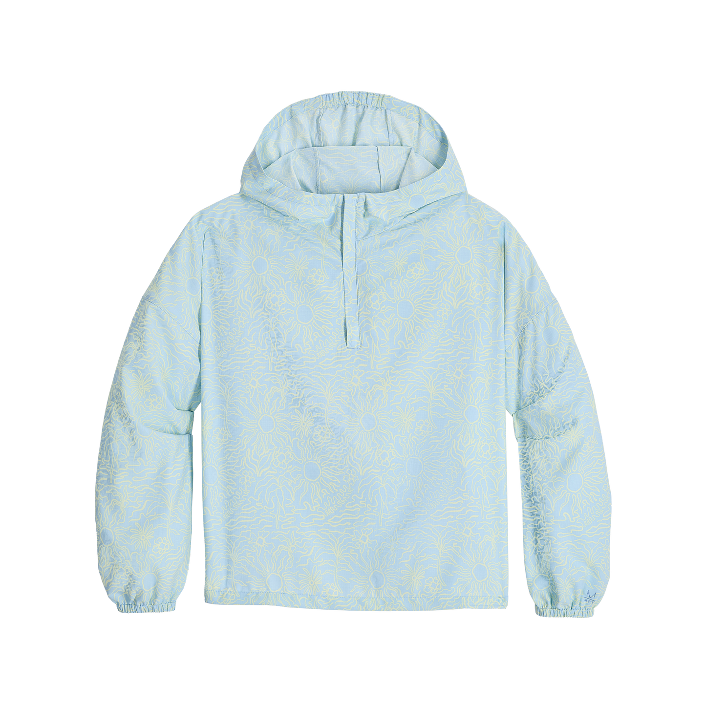 Royal Robbins Women's Salathe Sun Hoodie: ultralight light blue, yellow florals, half-zip, UPF40+, long sleeves.
