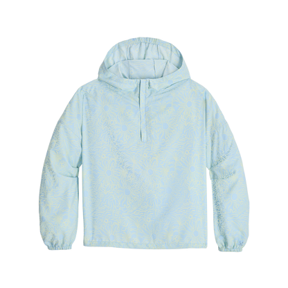 Royal Robbins Women's Salathe Sun Hoodie: ultralight light blue, yellow florals, half-zip, UPF40+, long sleeves.