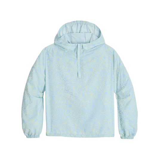Product Image – Royal Robbins Women's Salathe Sun Hoodie: ultralight light blue, yellow florals, half-zip, UPF40+, long sleeves.