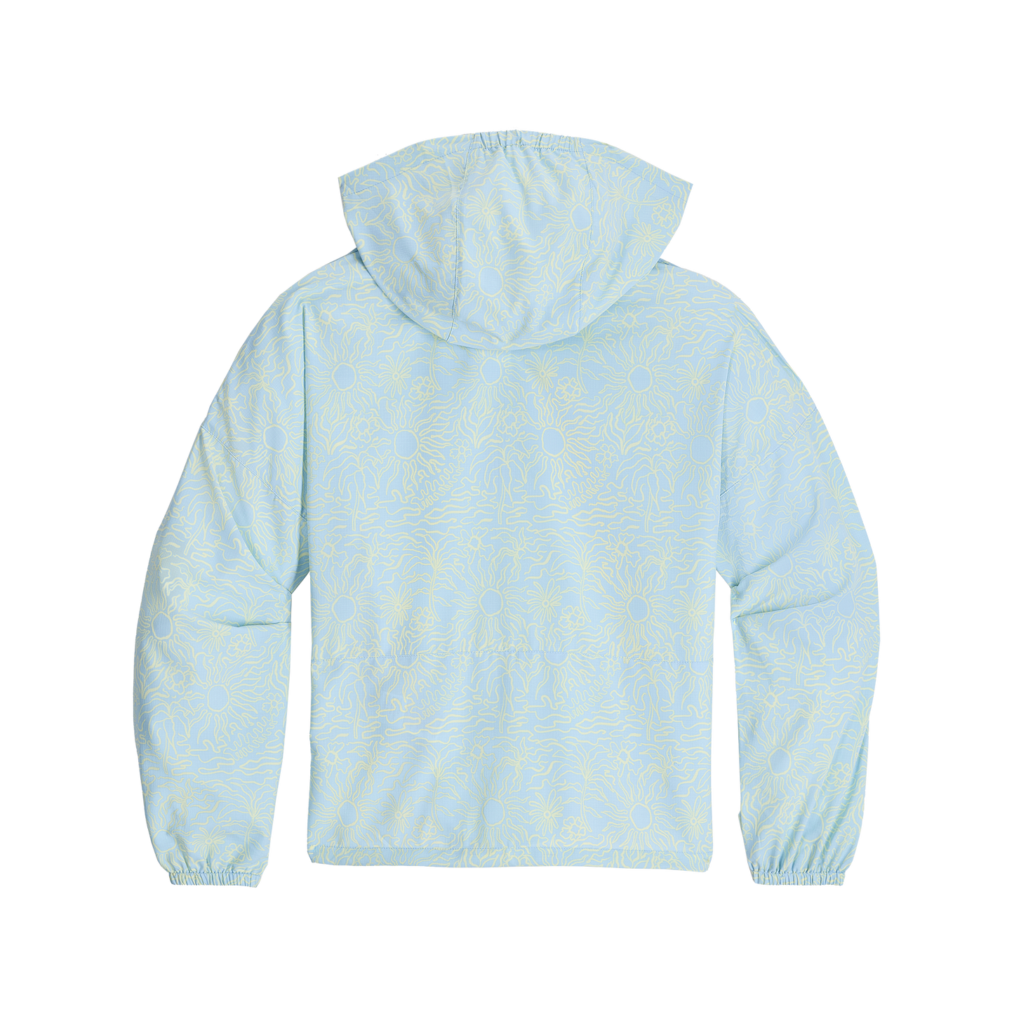 Royal Robbins Women's Salathe Sun Hoodie, light blue with yellow sun pattern, UPF40+, shown from the back.