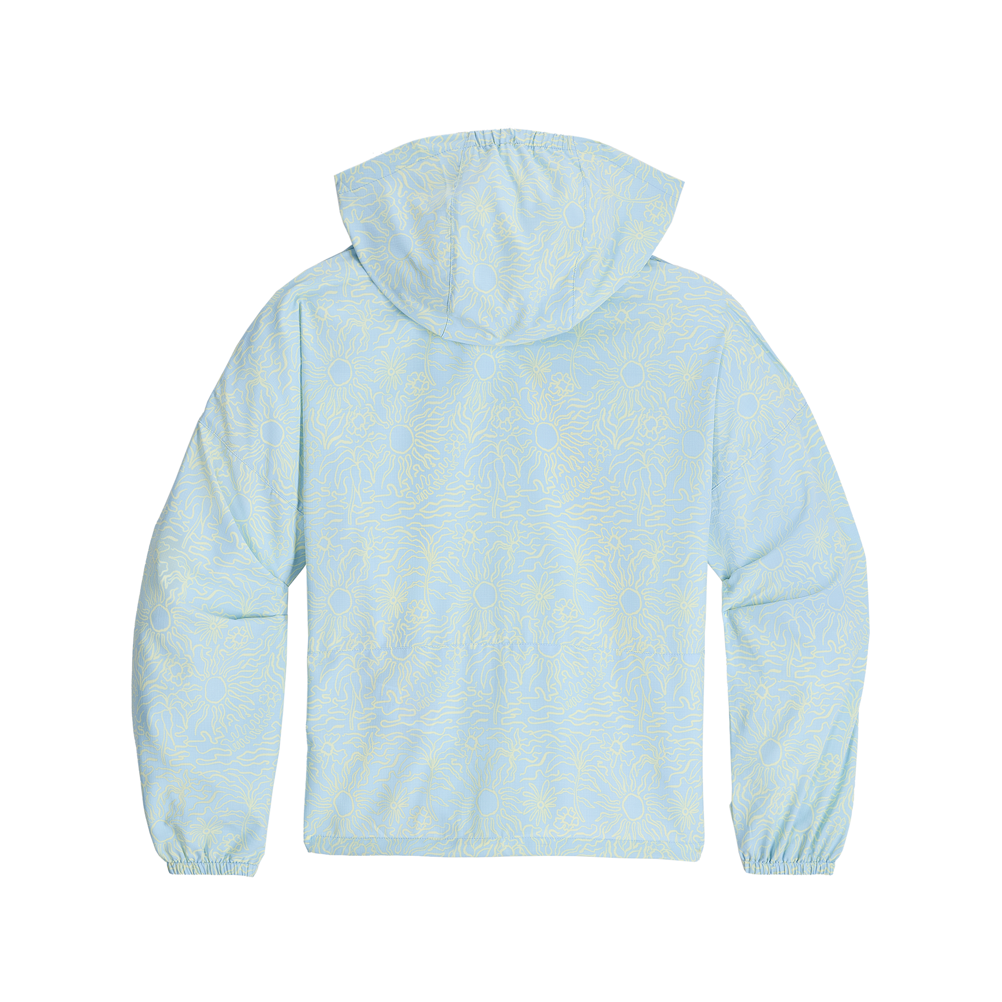 Royal Robbins Women's Salathe Sun Hoodie, light blue with yellow sun pattern, UPF40+, shown from the back.