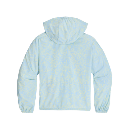 Royal Robbins Women's Salathe Sun Hoodie, light blue with yellow sun pattern, UPF40+, shown from the back.