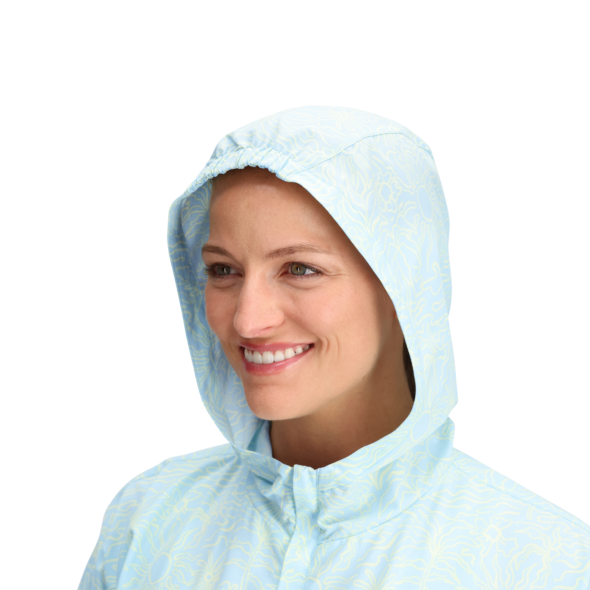 Woman smiles in a Royal Robbins Women's Salathe Sun Hoodie, UPF40+ sun protection, light blue, ONLINE ONLY.