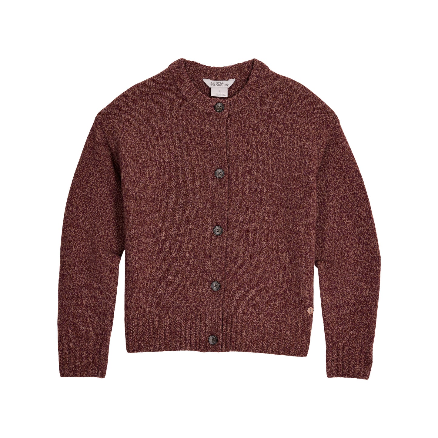 Royal Robbins Women’s Rockcraft Cardigan, maroon knit, round neck, breathable, button-up. Laid flat on white.