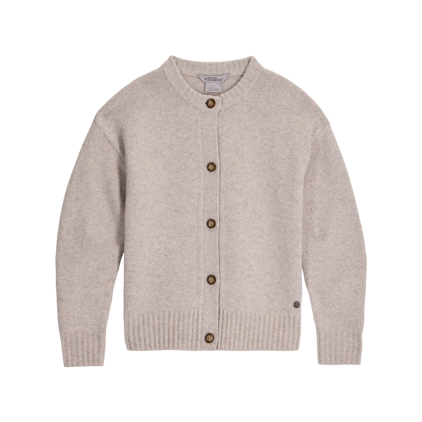 Royal Robbins Rockcraft Cardigan: Beige knit, long sleeves, brown buttons; stylish and breathable for any season.