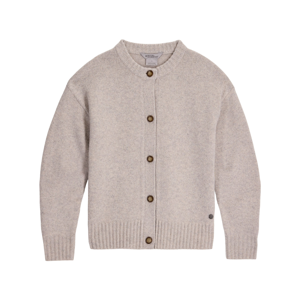 Royal Robbins Rockcraft Cardigan: Beige knit, long sleeves, brown buttons; stylish and breathable for any season.