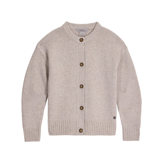 Product Image – Royal Robbins Rockcraft Cardigan: Beige knit, long sleeves, brown buttons; stylish and breathable for any season.