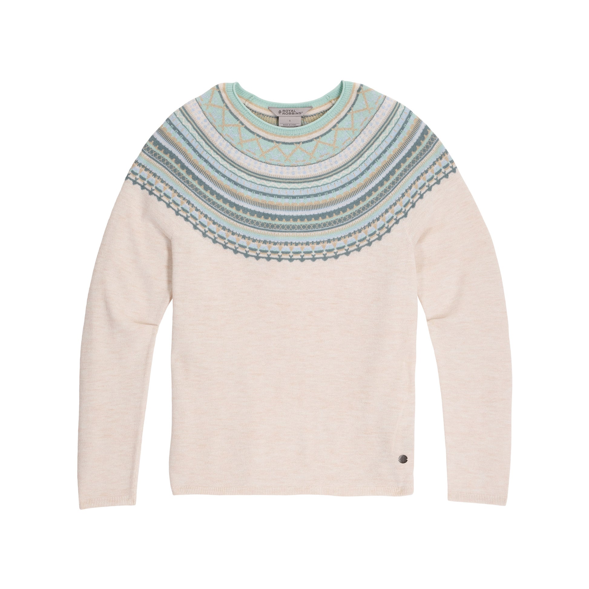 Royal Robbins Women’s Westlands Fairisle Crew sweater in beige with blue-green yoke, shown on white background.