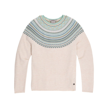 Royal Robbins Women’s Westlands Fairisle Crew sweater in beige with blue-green yoke, shown on white background.
