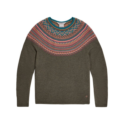 Royal Robbins Women’s Westlands Fairisle Crew in olive green, with multicolored patterns on collar and shoulders.