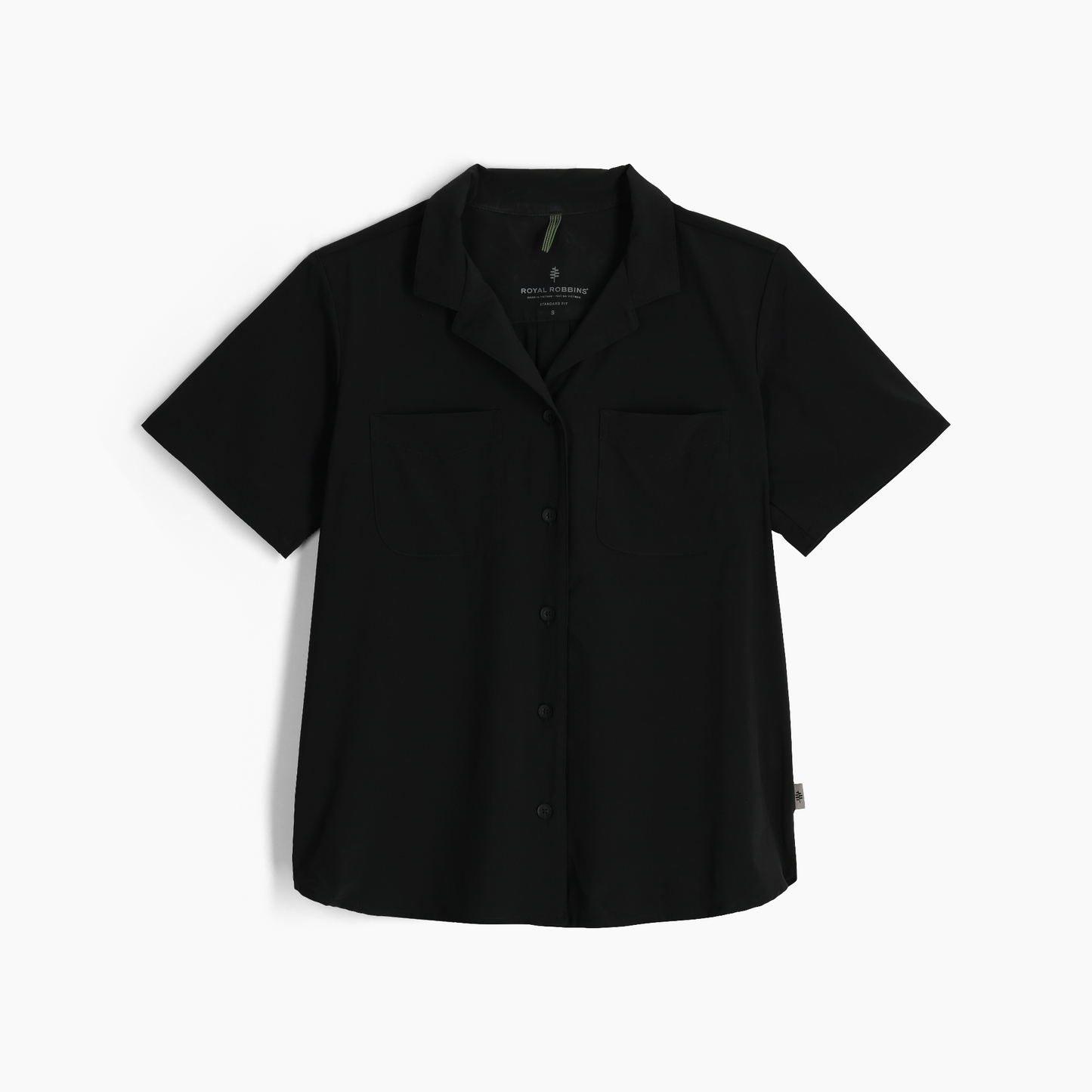 Royal Robbins Women's Spotless Evolution Meadow short sleeve shirt, black, collar, chest pockets, laid flat on white.