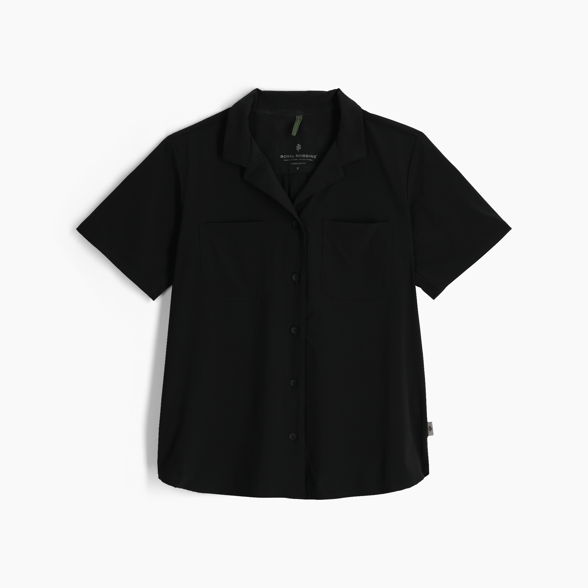 Royal Robbins Women's Spotless Evolution Meadow short sleeve shirt, black, collar, chest pockets, laid flat on white.