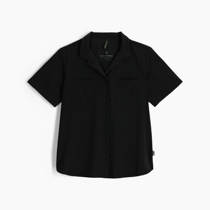 Royal Robbins Women's Spotless Evolution Meadow short sleeve shirt, black, collar, chest pockets, laid flat on white.