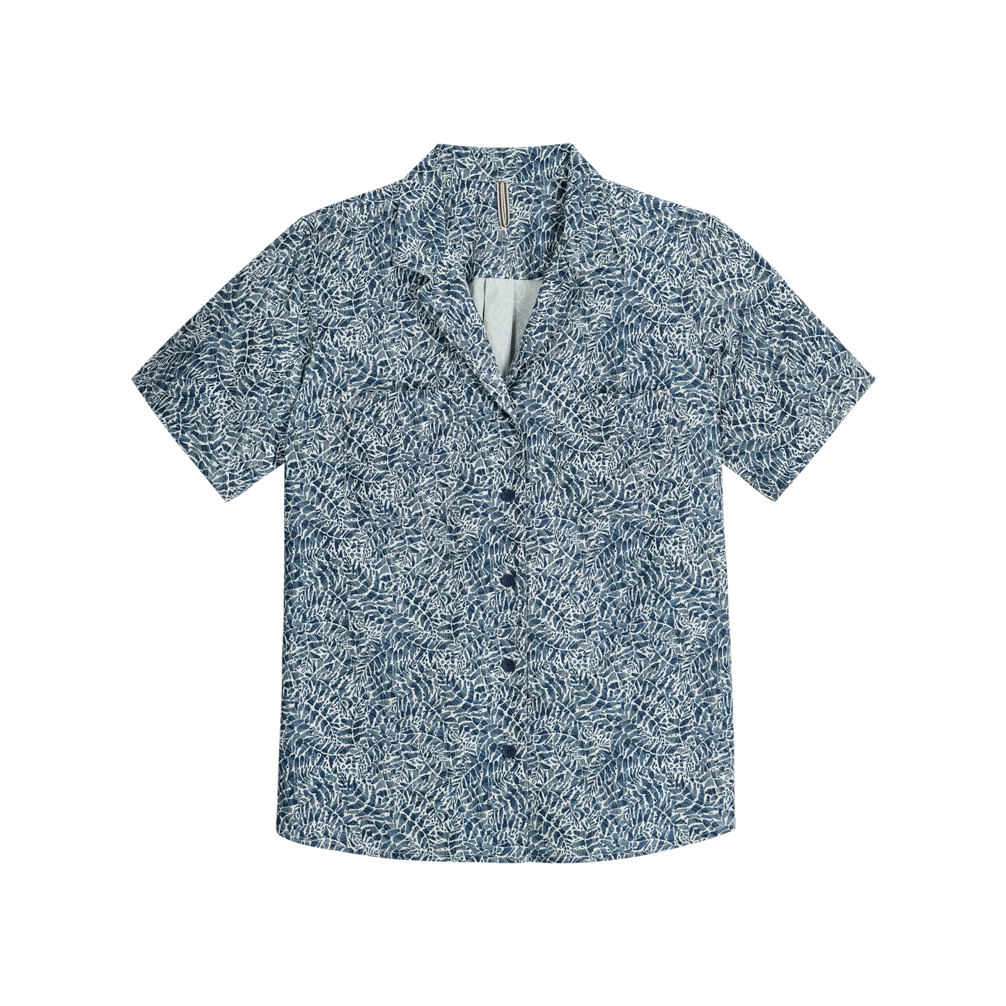 Royal Robbins Women's Spotless Evolution Meadow SS shirt, blue/white leaf print—ideal summer camp style.