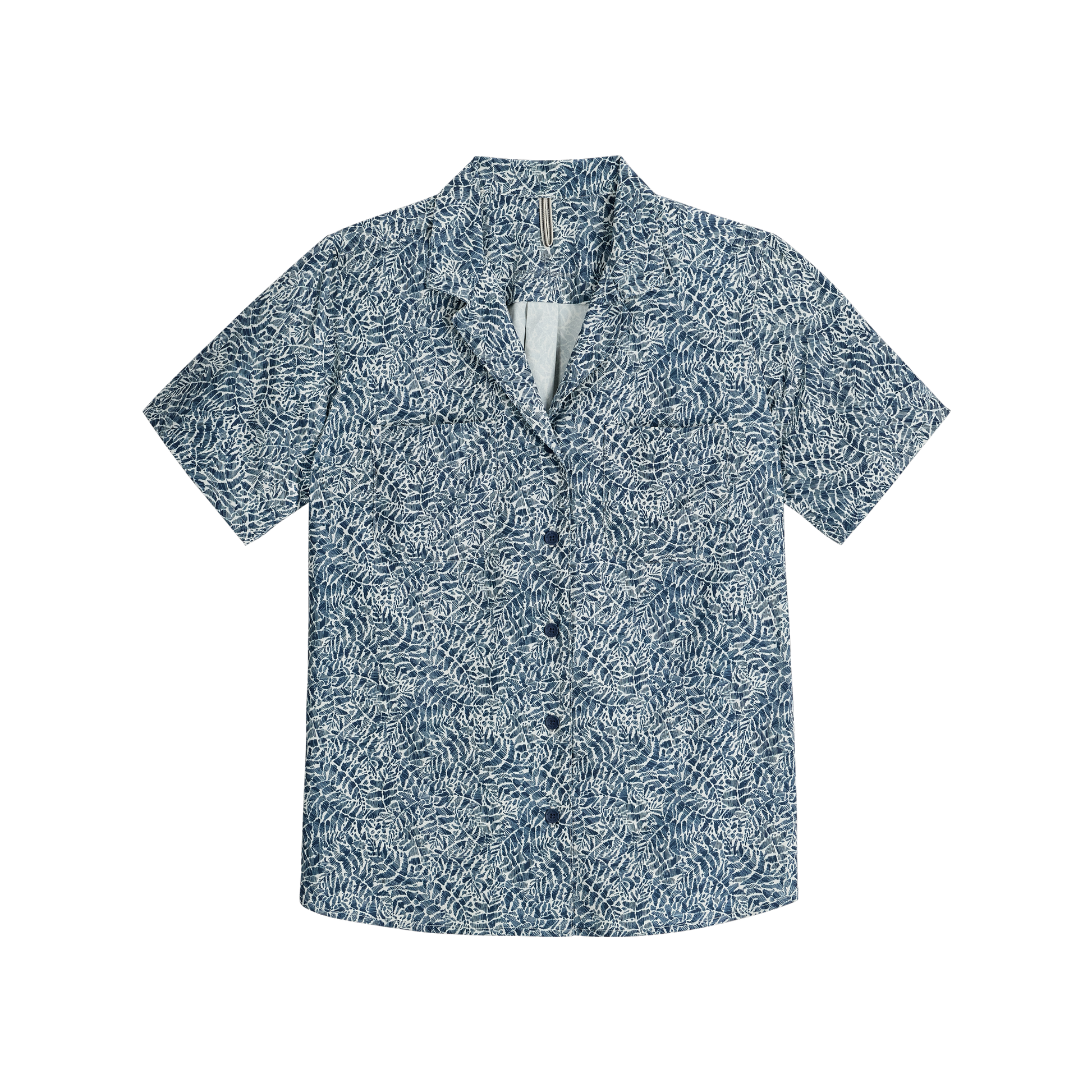 Royal Robbins Women's Spotless Evolution Meadow SS shirt, blue/white leaf print—ideal summer camp style.