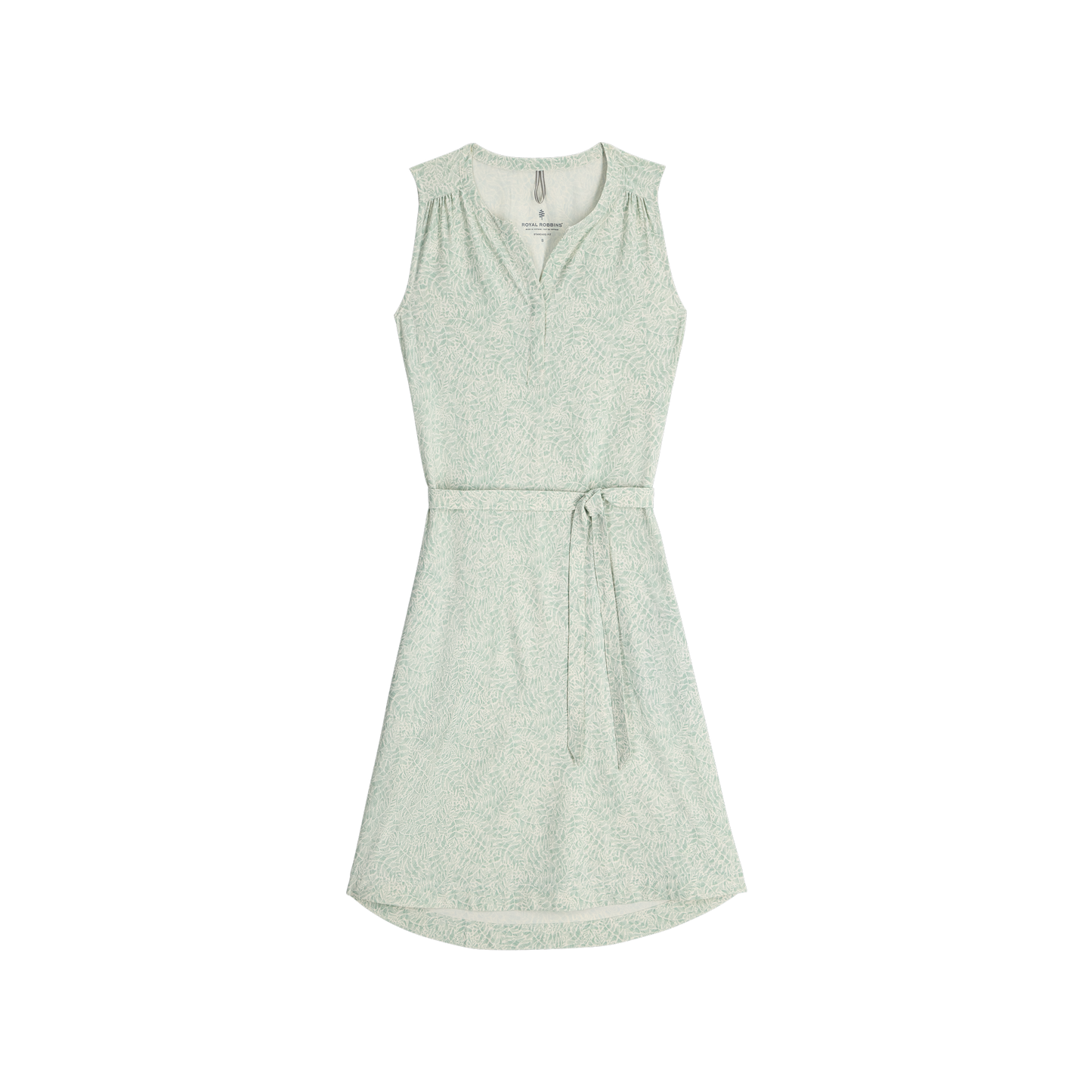 Royal Robbins Women's Spotless Traveller Tank Dress: light green, v-neck, belted with ruffled shoulders.