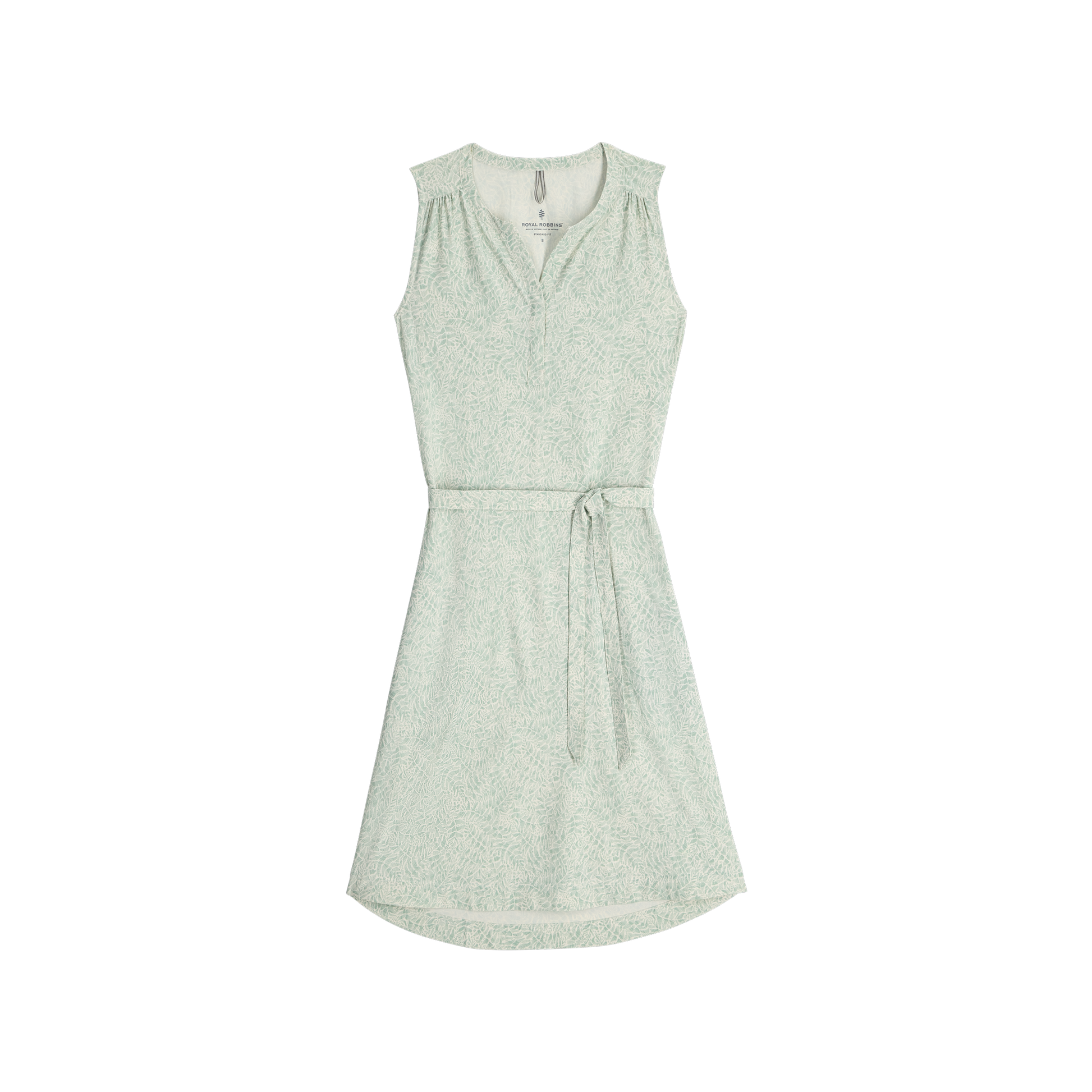 Royal Robbins Women's Spotless Traveller Tank Dress: light green, v-neck, belted with ruffled shoulders.