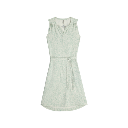Royal Robbins Women's Spotless Traveller Tank Dress: light green, v-neck, belted with ruffled shoulders.