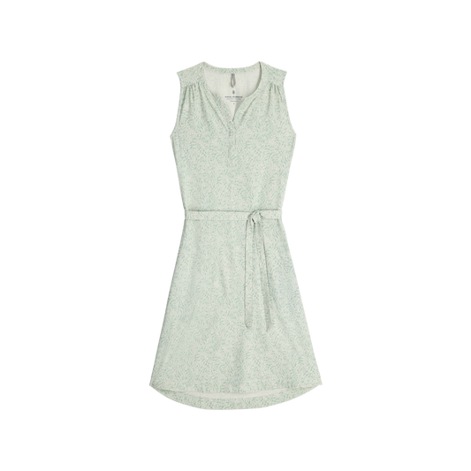 Product Image – Royal Robbins Women's Spotless Traveller Tank Dress: light green, v-neck, belted with ruffled shoulders.