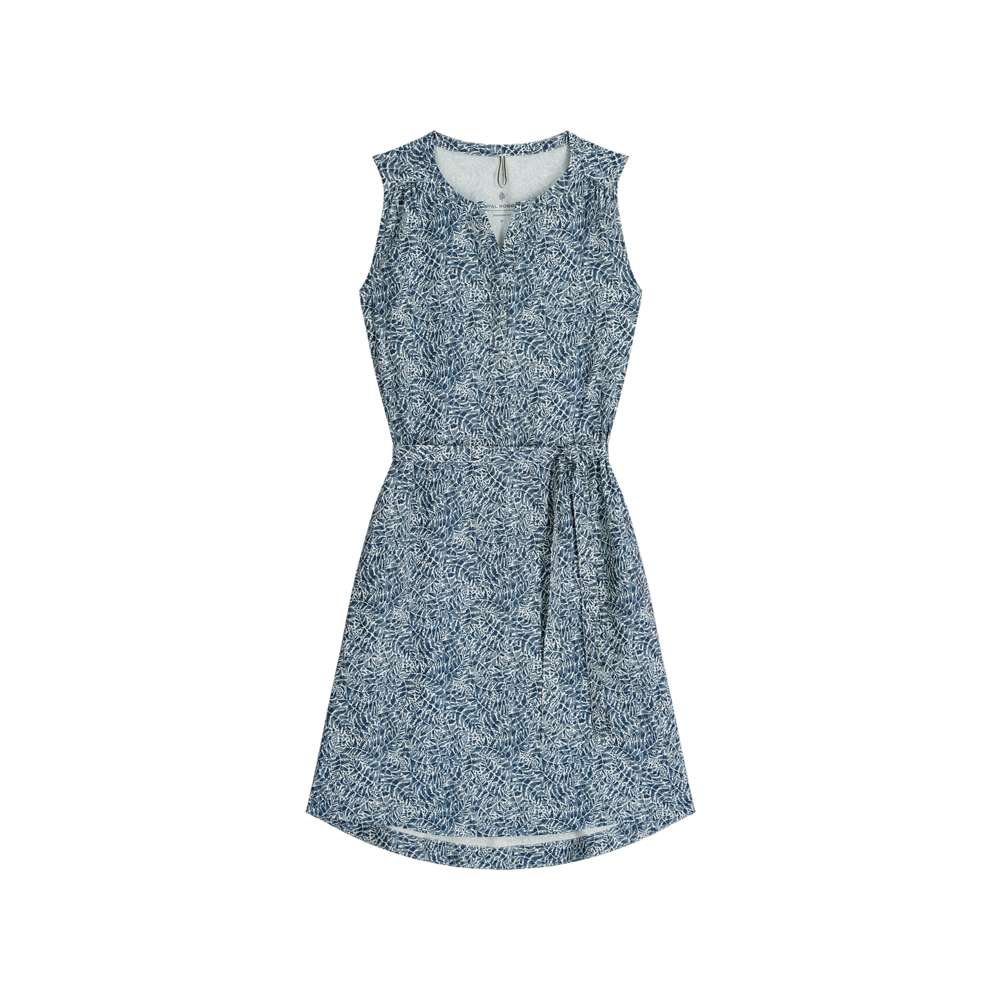 Royal Robbins Women's Spotless Traveller Tank Dress in blue with white floral print and waist tie, shown on white.
