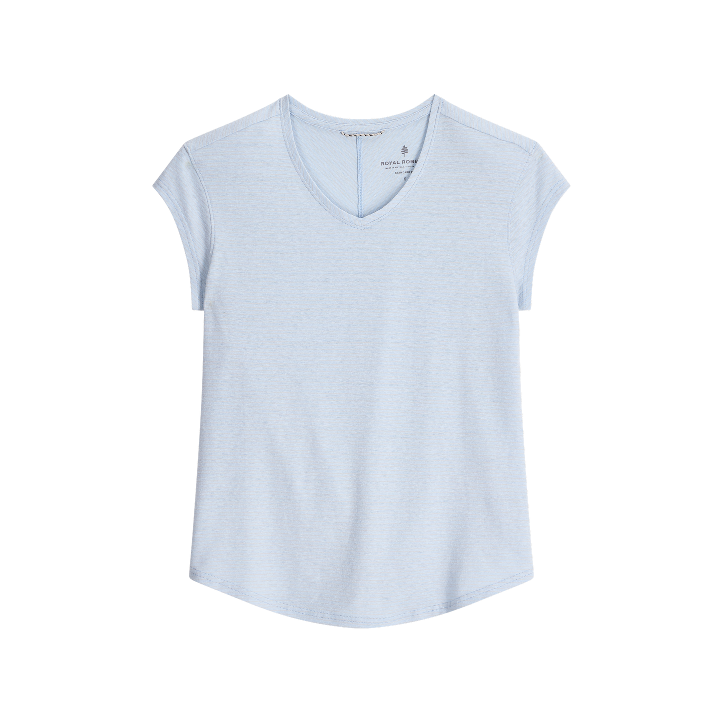 Royal Robbins Women's Vacationer V-Neck Short Sleeve tee in light blue, shown flat on a white background.