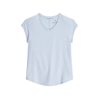 Royal Robbins Women's Vacationer V-Neck Short Sleeve tee in light blue, shown flat on a white background.