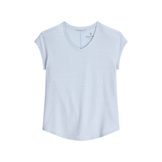 Product Image – Royal Robbins Women's Vacationer V-Neck Short Sleeve tee in light blue, shown flat on a white background.