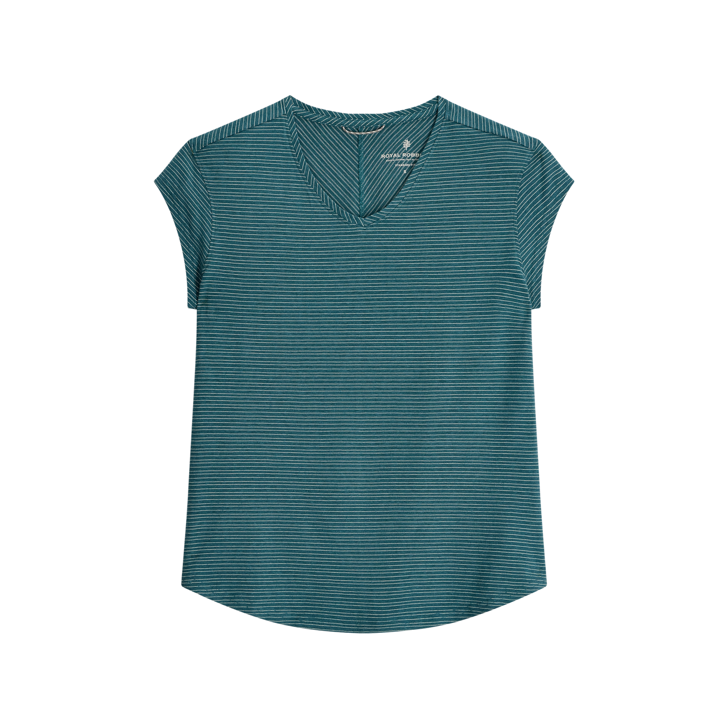Royal Robbins Women's Vacationer V-Neck Short Sleeve in teal with stripe pattern, shown on a white background.