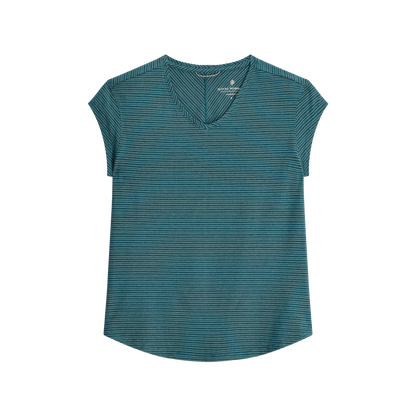 Royal Robbins Women's Vacationer V-Neck Short Sleeve in teal with stripe pattern, shown on a white background.