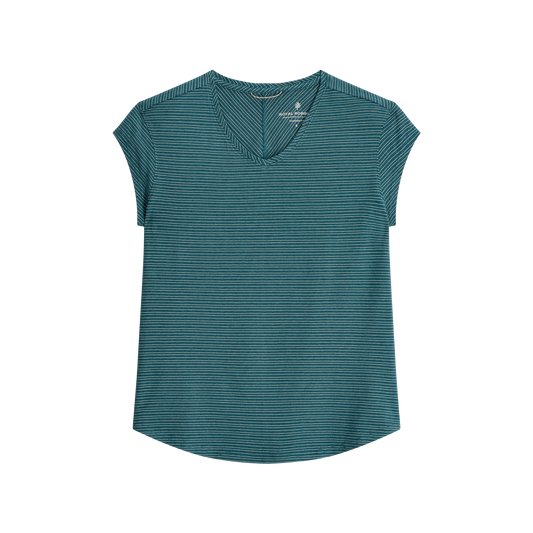 Product Image – Royal Robbins Women's Vacationer V-Neck Short Sleeve in teal with stripe pattern, shown on a white background.