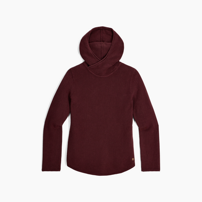 Royal Robbins Women's Headlands Hemp Hoodie in burgundy, long-sleeve, laid flat on a white background.