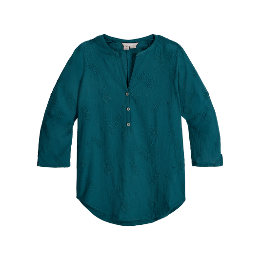 Product Image – Royal Robbins Women's Oasis Tunic II 3/4 sleeve blouse in teal, lightweight with three buttons, laid flat.