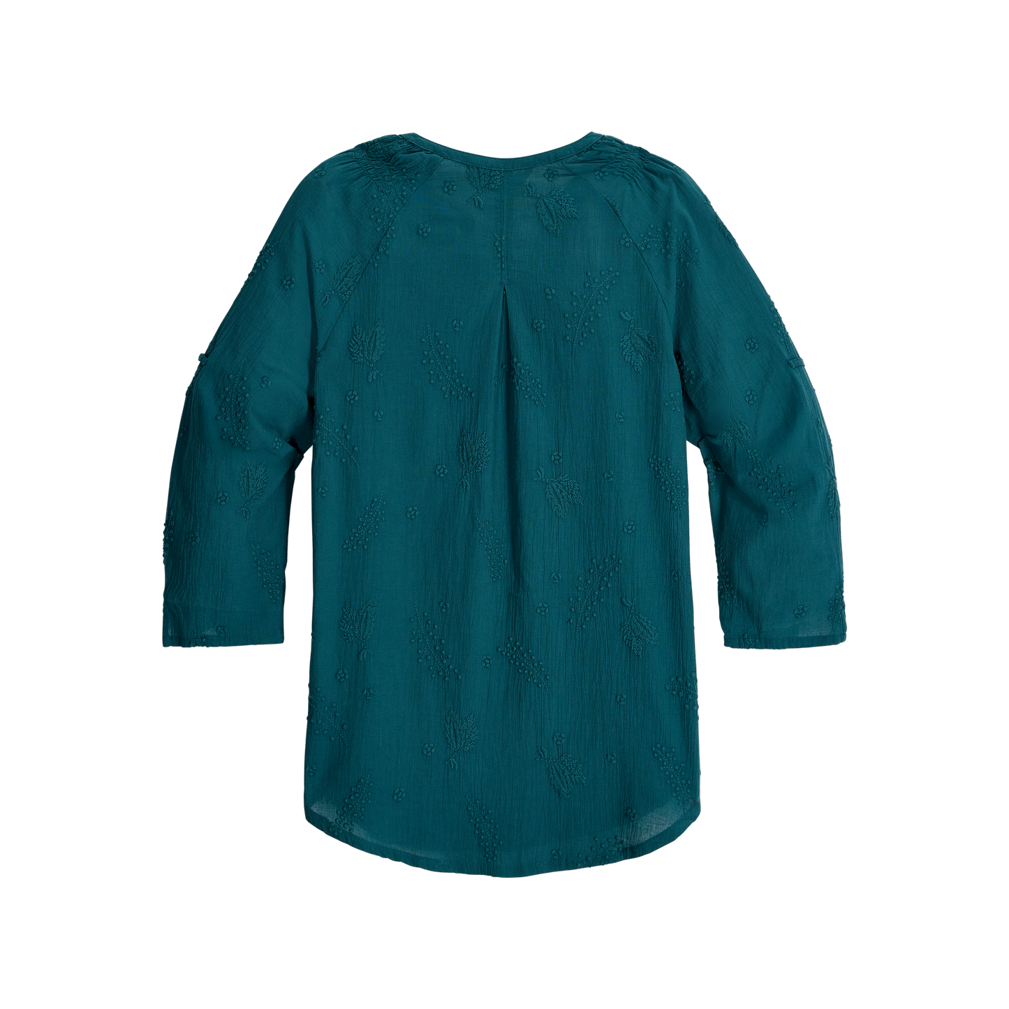 Royal Robbins Women's Oasis Tunic II 3/4 Sleeve in teal, back view with subtle texture on white background.