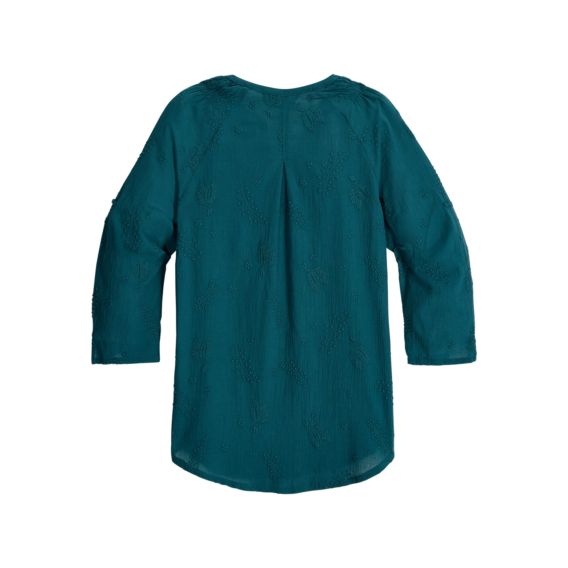 Royal Robbins Women's Oasis Tunic II 3/4 Sleeve in teal, back view with subtle texture on white background.