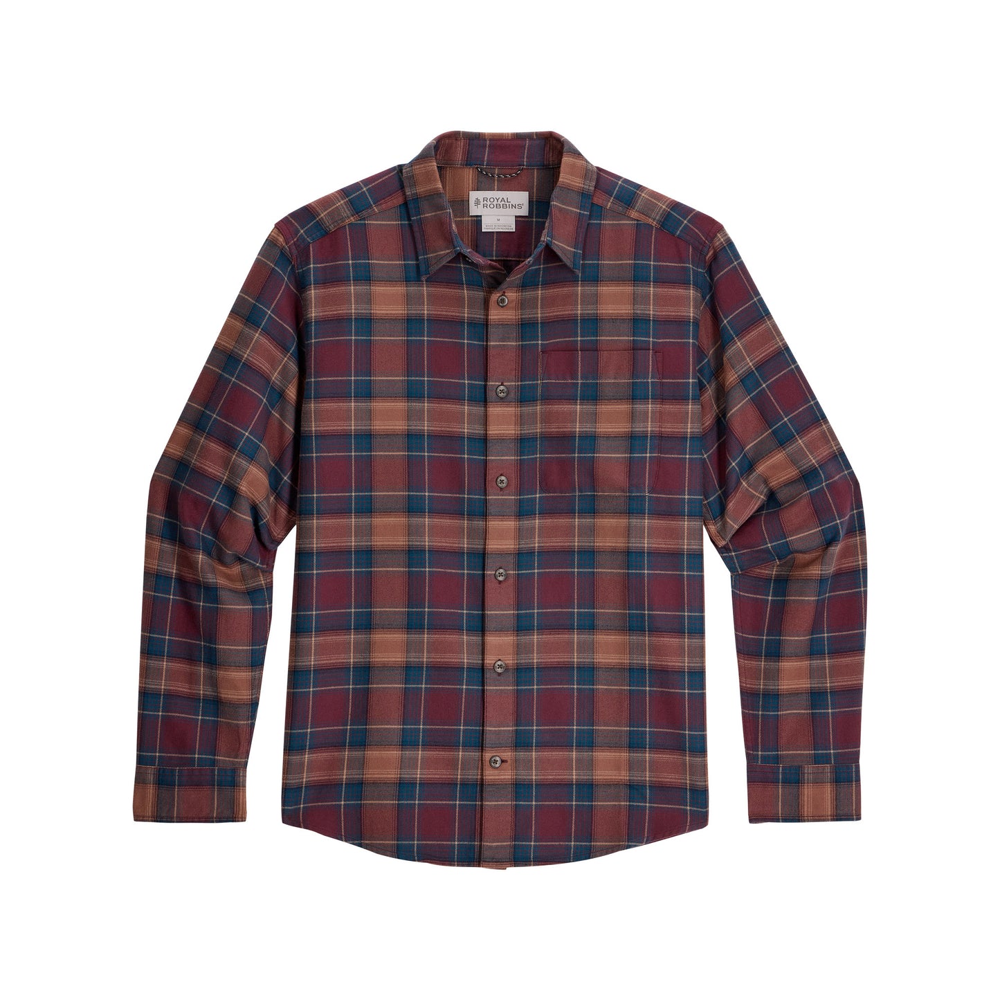 Royal Robbins Men’s organic cotton flannel shirt—red, blue, brown plaid; soft, breathable long sleeve.