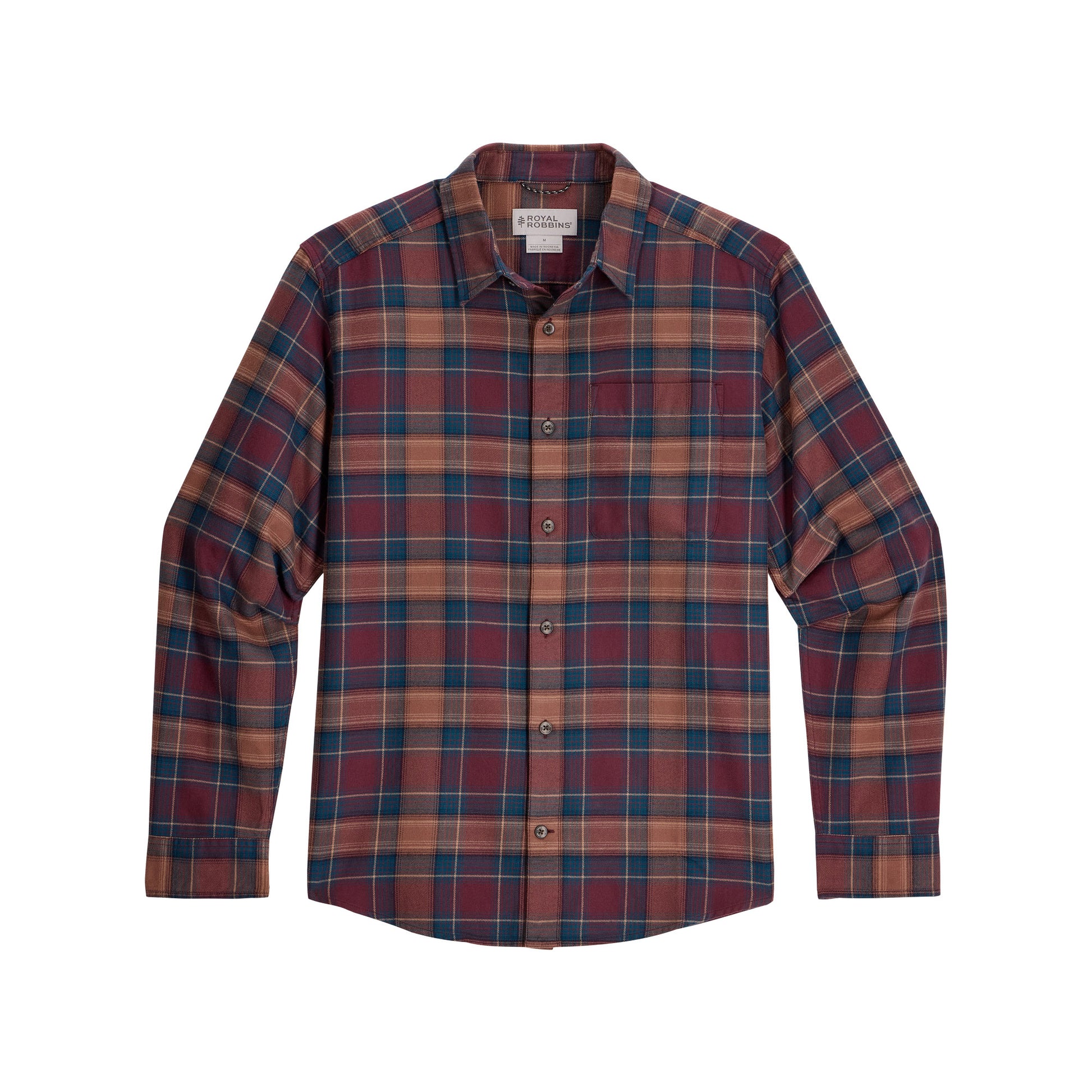 Royal Robbins Men’s organic cotton flannel shirt—red, blue, brown plaid; soft, breathable long sleeve.